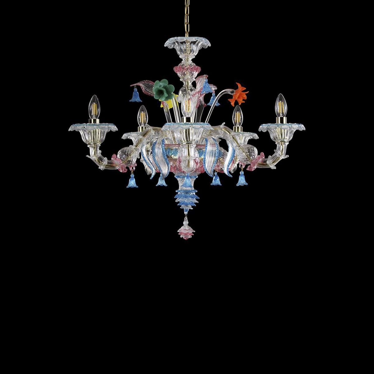 5 Lights Rezzonico Style Chandelier with Ruby and Blue Trim