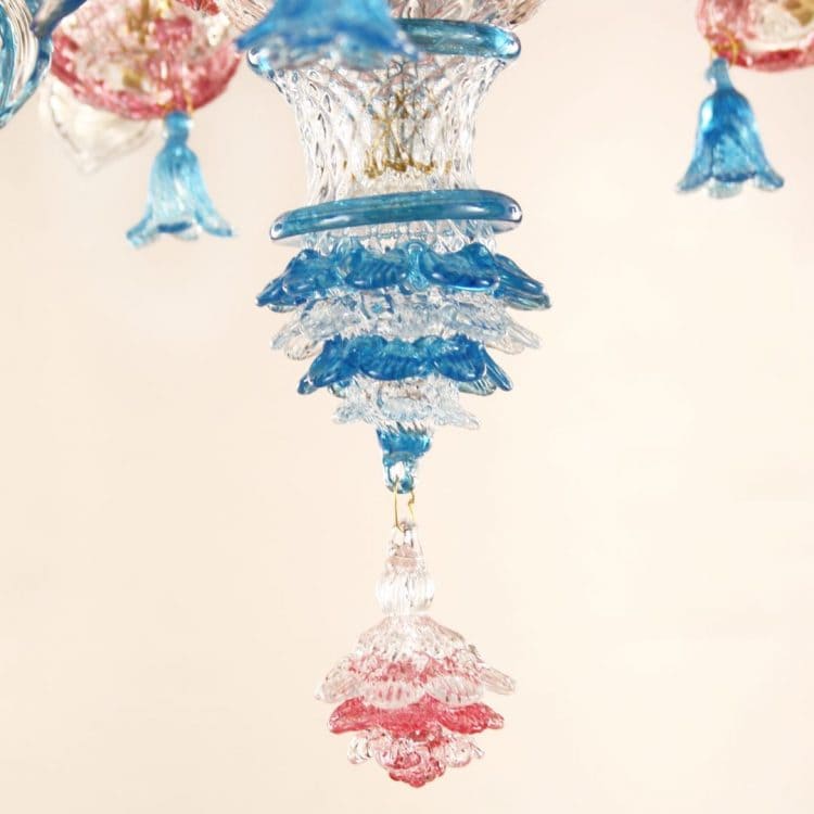 5 Lights Rezzonico Style Chandelier with Ruby and Blue Trim