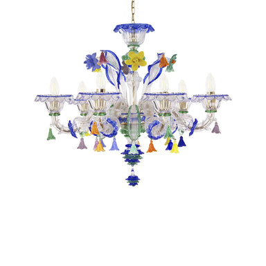 6 Light Rezzonico Style Chandelier with Ruby and Azure Glass