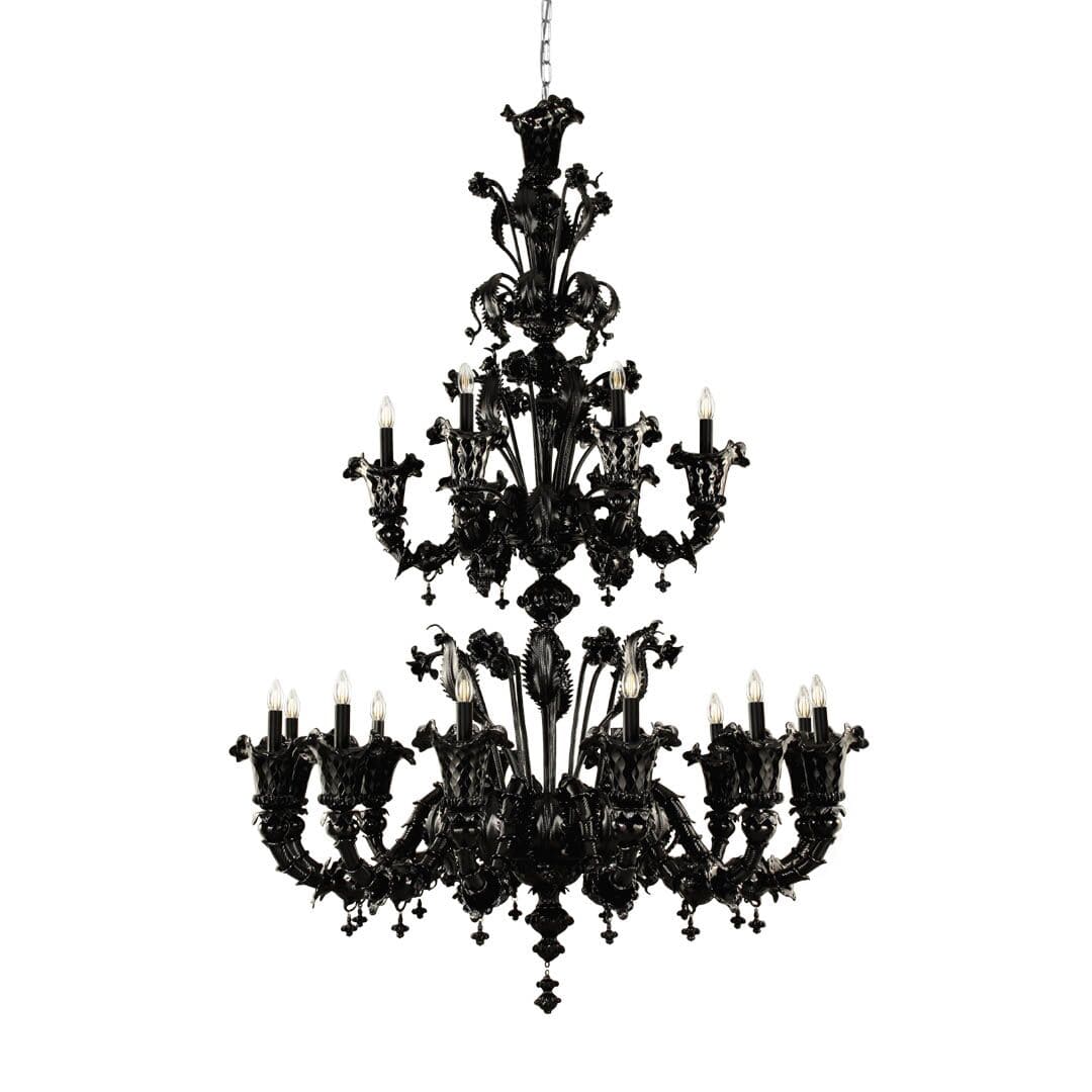 Elegant Multi Tier Black Murano Chandelier with 12 + 6 Lights