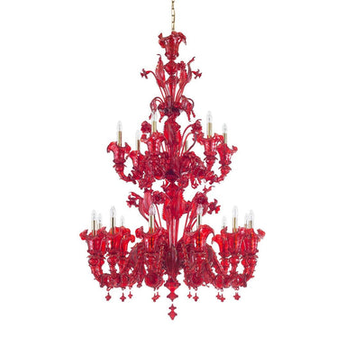 12+6 Light Elegant Multi-Tier Chandelier in Red Murano Glass