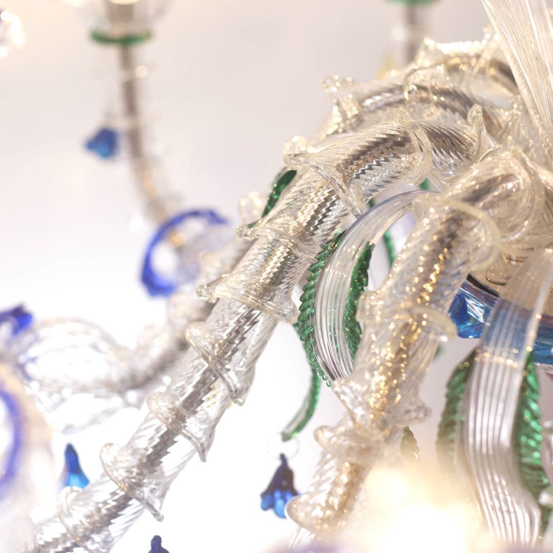 12 Lights Rezzonico Chandelier with Blue Trim and Floral Details