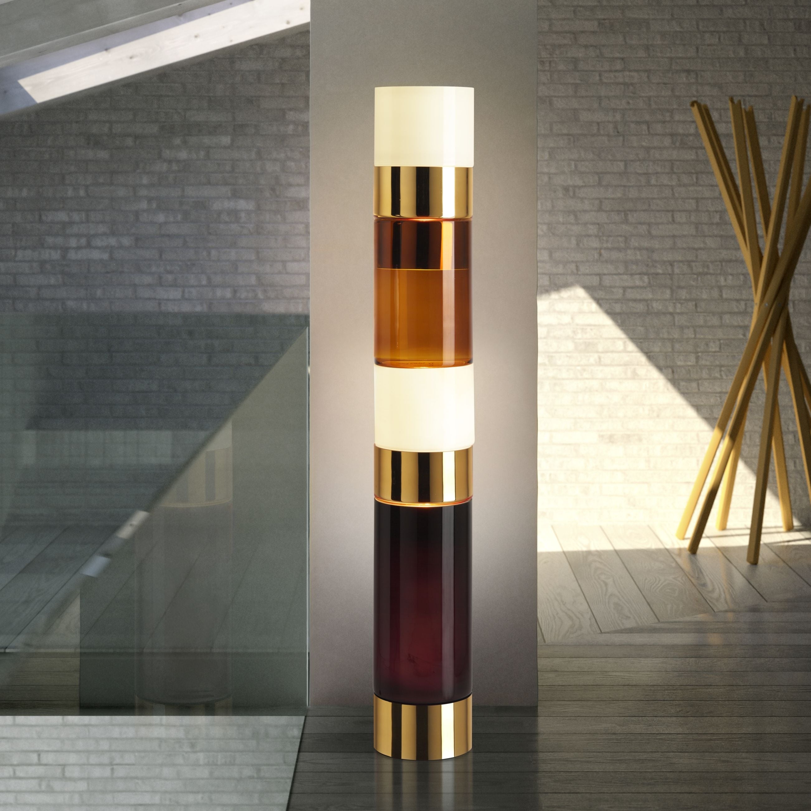 Stacking 'D' Murano Glass Pillar Floor Light In Tobacco & Gold