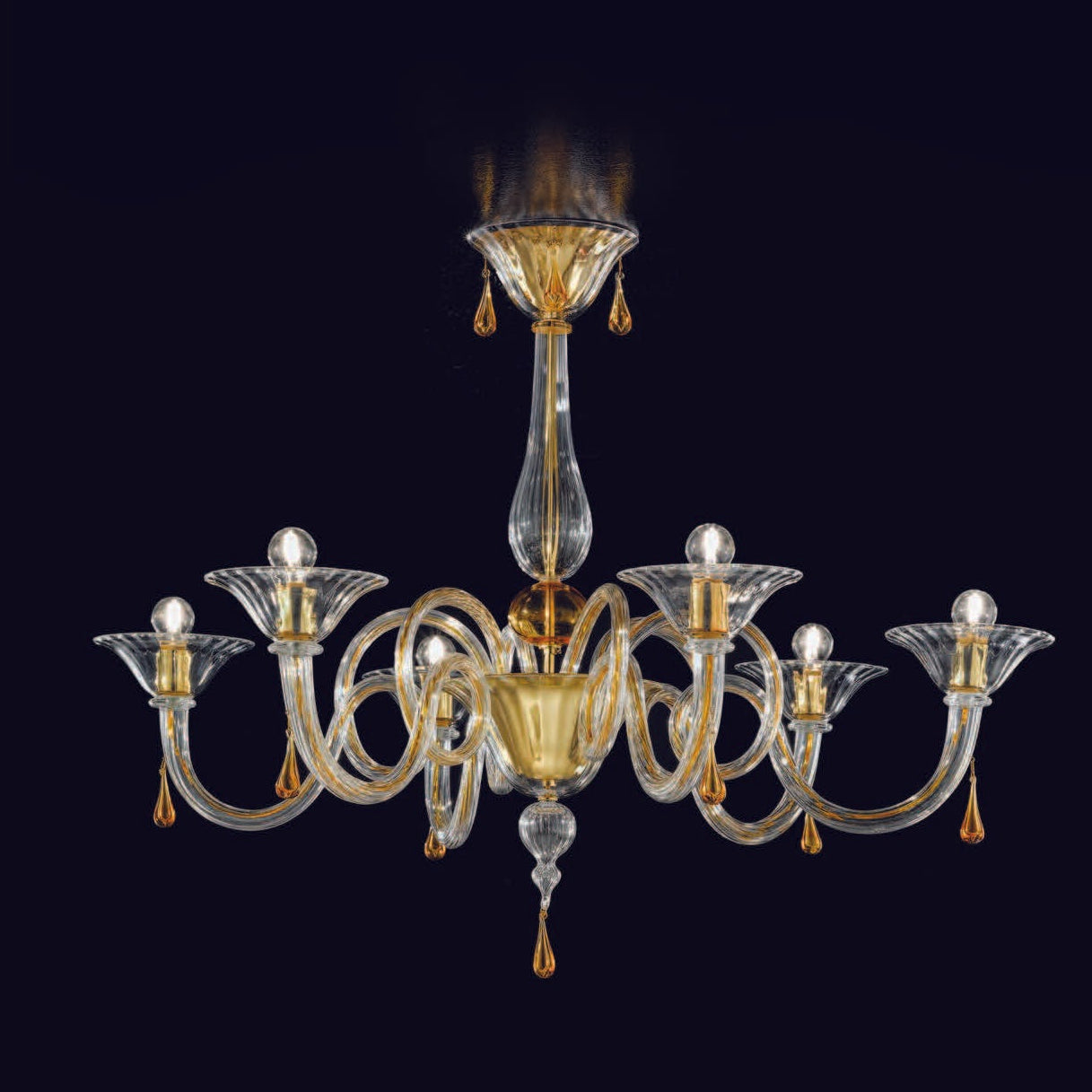 Handcrafted Contemporary Fine Italian Ceiling Pendant Chandelier With Five Shades And Murano Glass