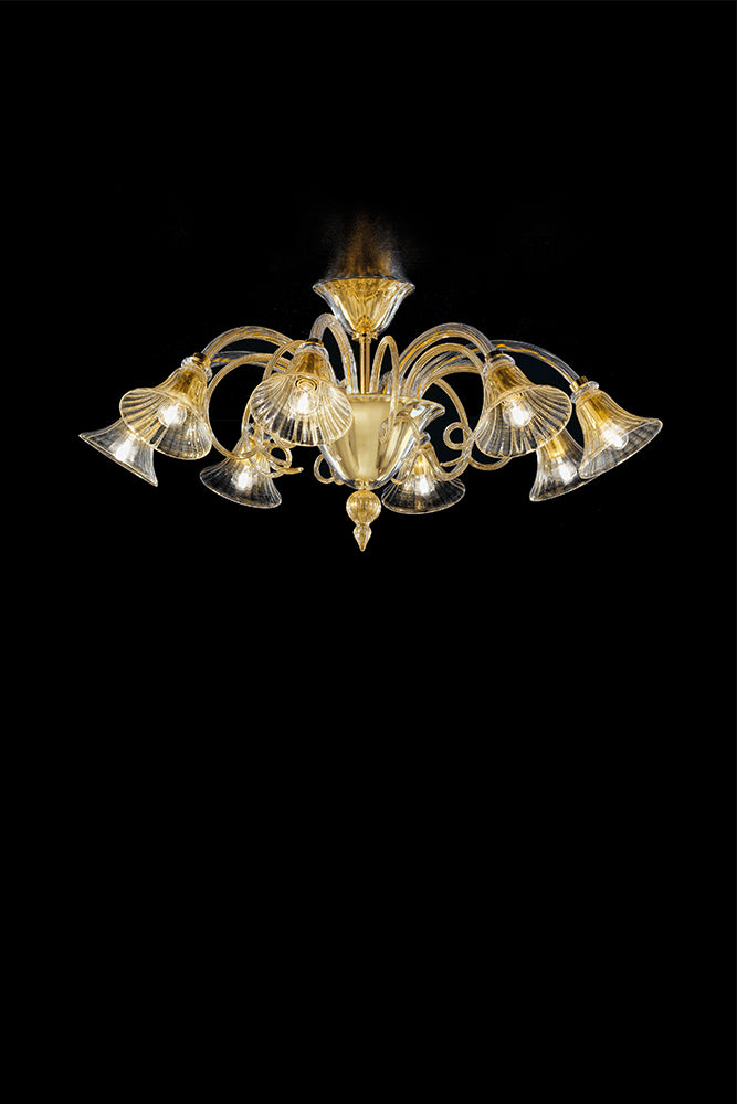 Handmade Elegant Venetian Ceiling Lamp With Eight Shades And Murano Glass