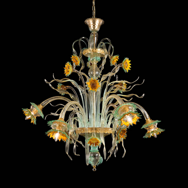 Yellow, Green & Clear Murano Glass Chandelier With Sunflowers