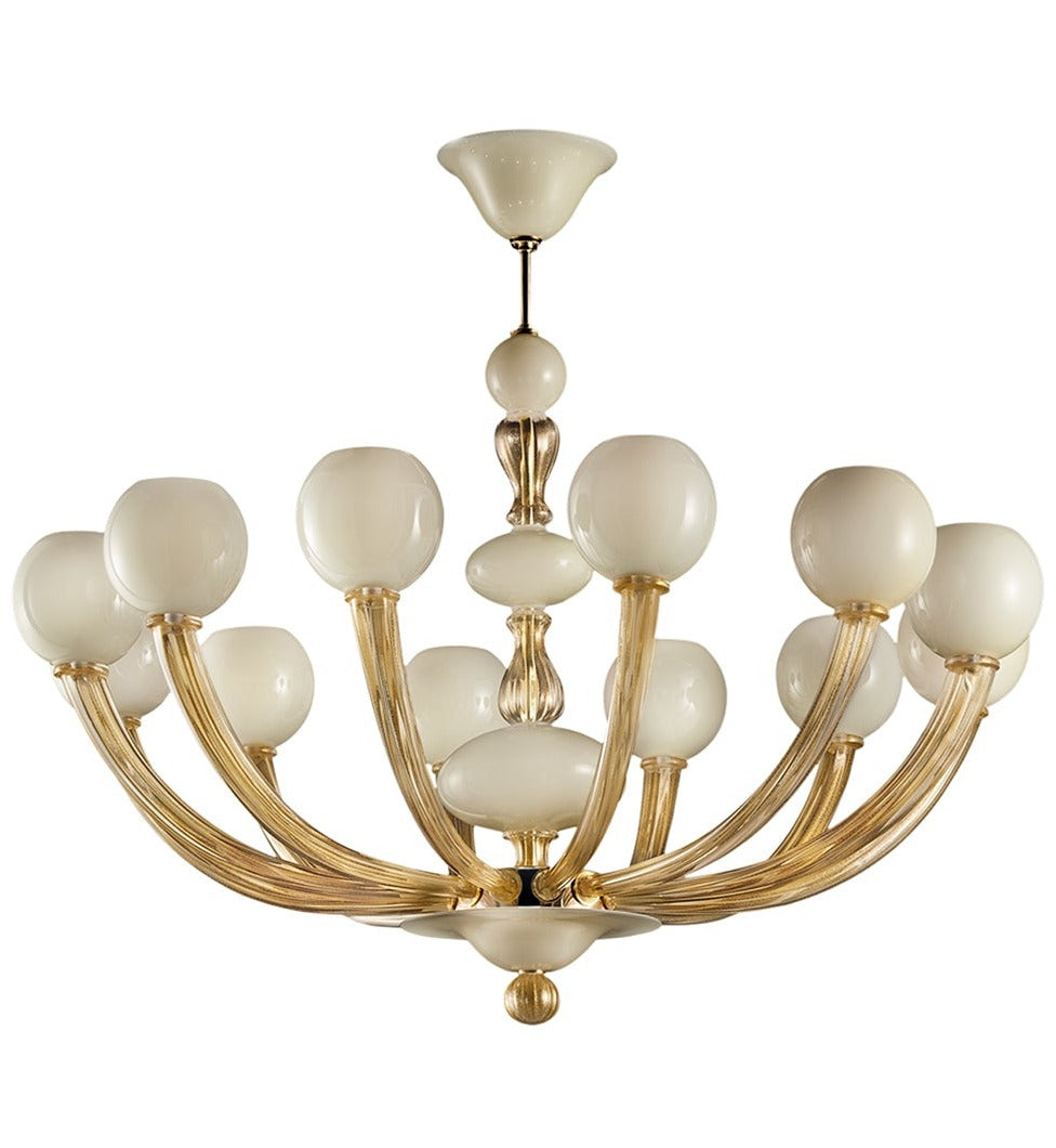 Handmade Fine Italian Chandelier Ceiling Pendant Lamp With Twelve Shades And Murano Glass