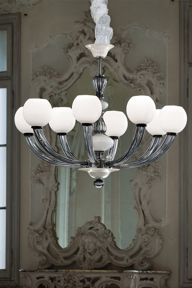 Handmade Fine Italian Chandelier Ceiling Pendant Lamp With Eight Shades And Murano Glass
