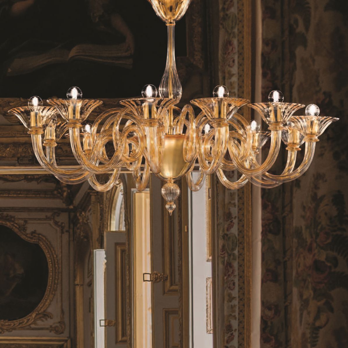 Handcrafted Contemporary Fine Italian Ceiling Pendant Chandelier With Five Shades And Murano Glass