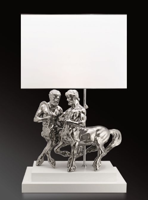 Centaur figurine table lamp with white velvet shade