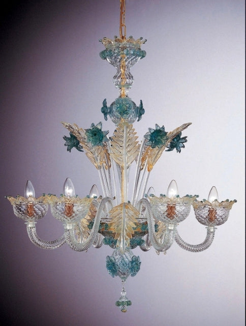 Murano glass 6 light chandelier with blue and gold decorations