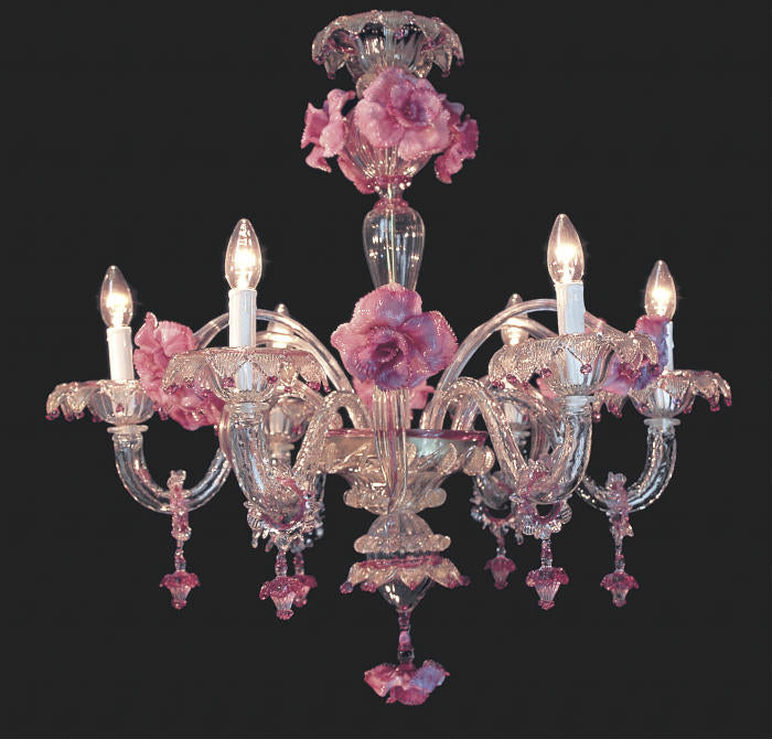 6 Light Murano glass chandelier with pretty pink flowers