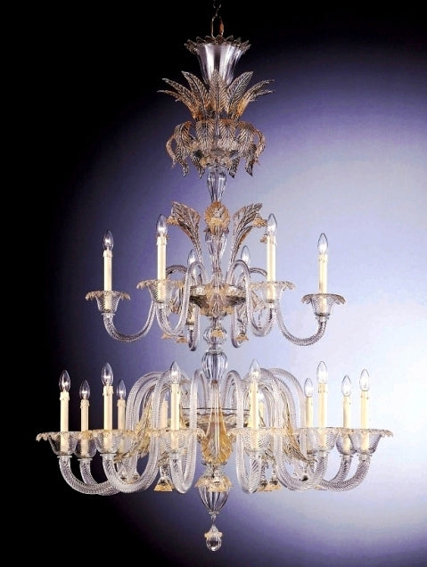 18 Arm Murano Clear Glass and gold Chandelier