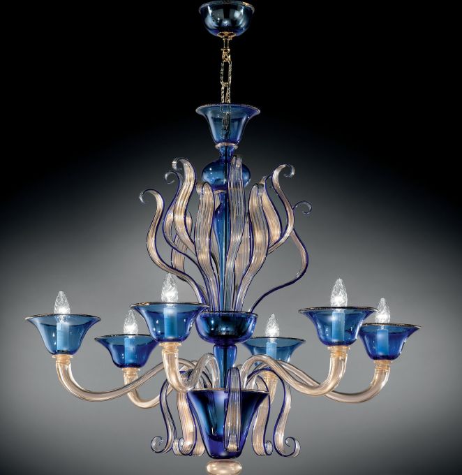 Blue Murano glass and gold leaf Baroque chandelier