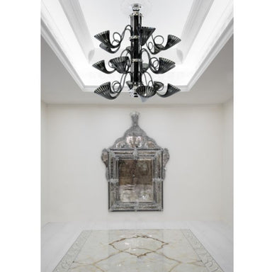 Gorgeous 3 tier black Murano glass chandelier with chrome frame