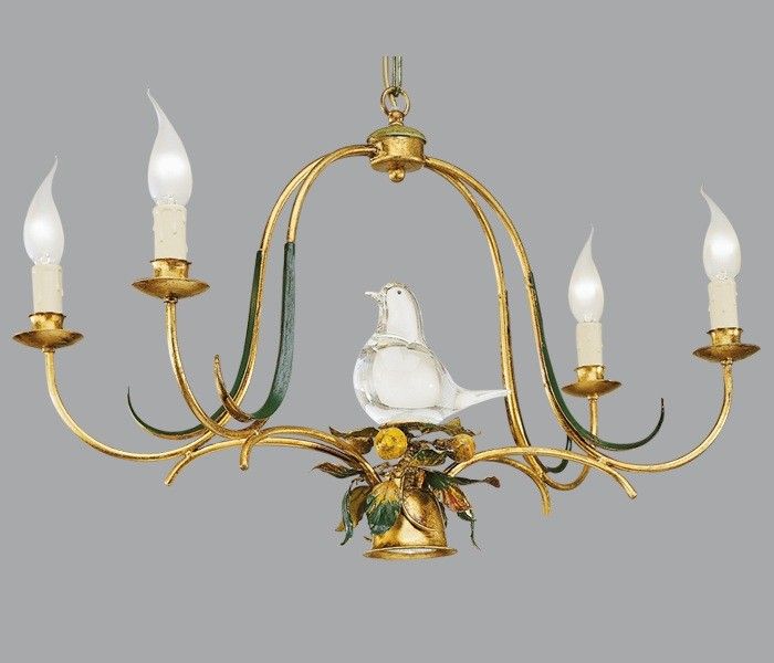 4 Lamp Gold Metal Chandelier with Spotlight & Murano Glass Bird