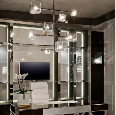 Modern angular Murano chandelier with mirrored glass cubes