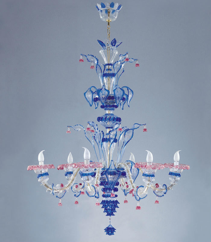 Blue Rezzonico style 6 light Murano glass chandelier