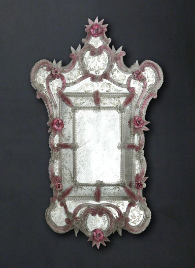 Venetian Mirror with hand-crafted Floral detail in Pink Glass
