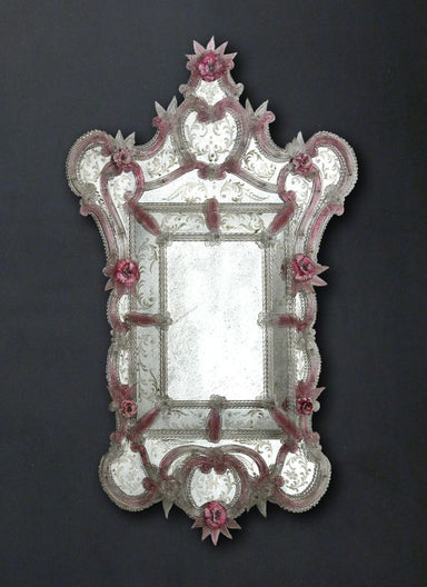 Venetian Mirror With Hand-Crafted Floral Detail In Pink Glass