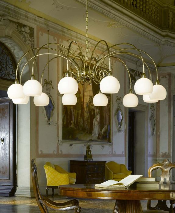 Gold-plated modern chandelier with white glass dome shades