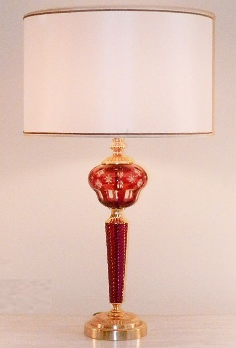 Red etched glass and gold table lamp