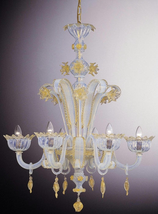 Murano glass 6 arm chandelier with blue and gold details