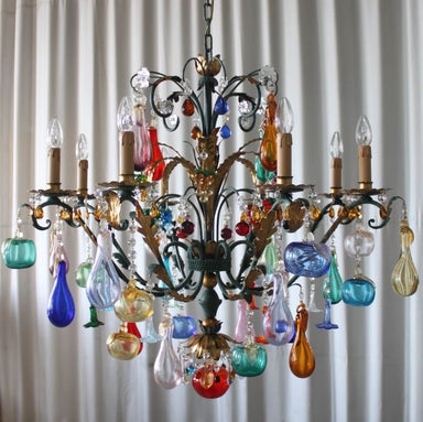 Murano glass fruit chandelier with 8 lights & green metal frame