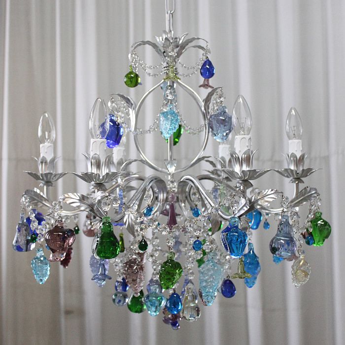Murano glass chandelier with blue, green, and crystal fruits