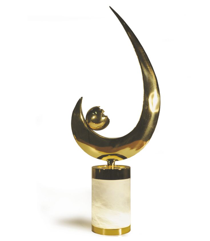 Grand Brass Sculpture Table Lamp with White Alibaster Base