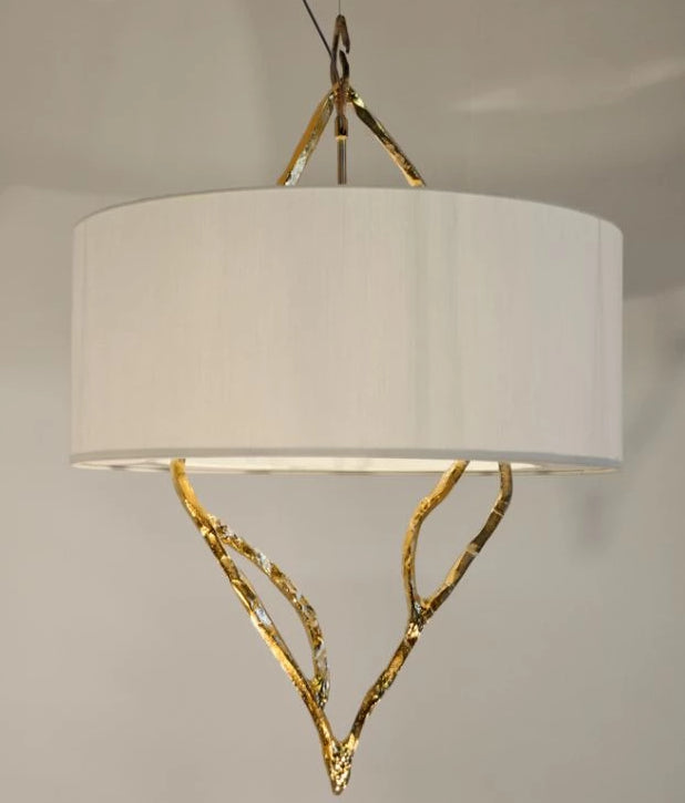 Modern Ceiling Pendant with Gold Forged Sculpture and Lamp Shade