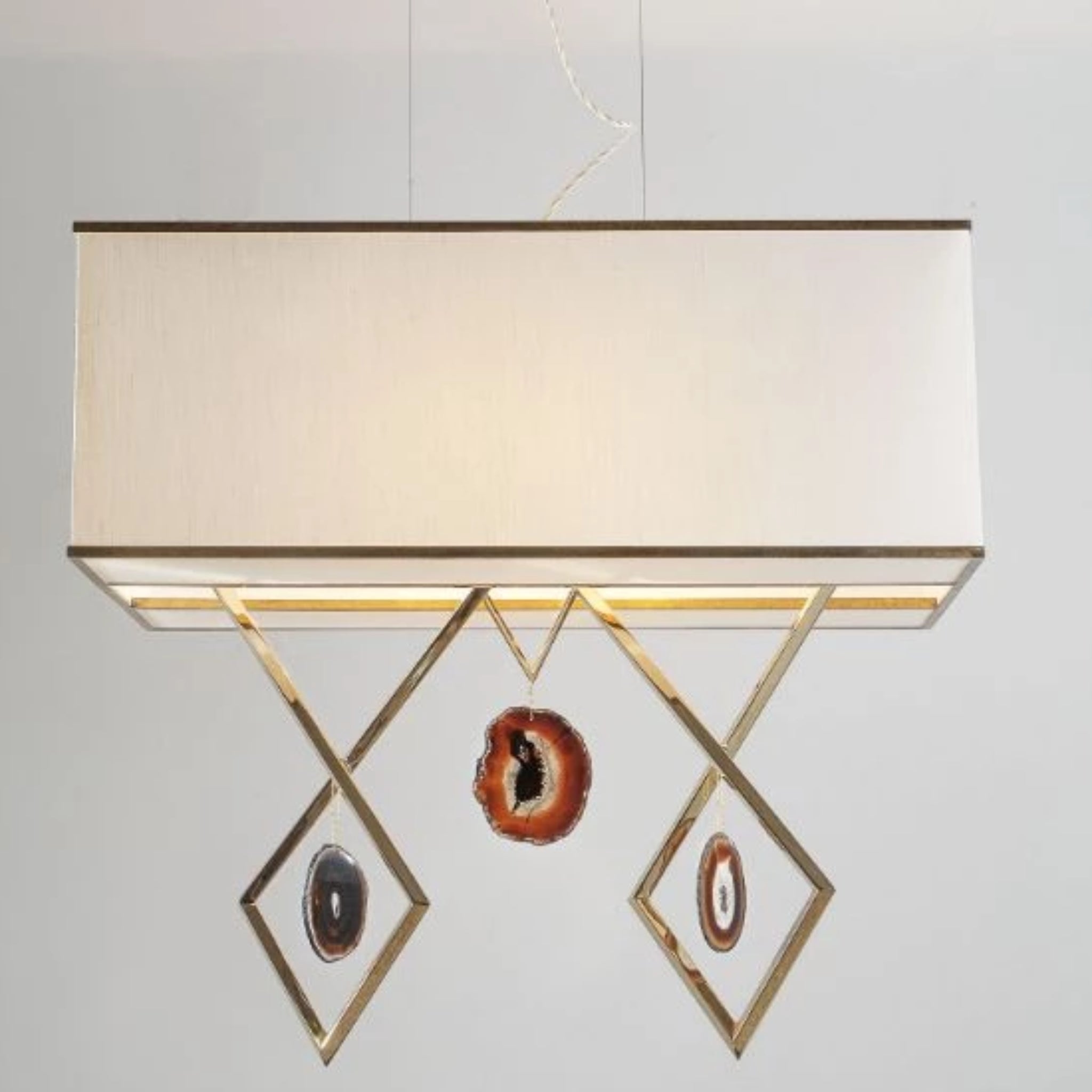 Brass Structural Ceiling Pendant with Natural Agate Pendants and an Ivory Shade