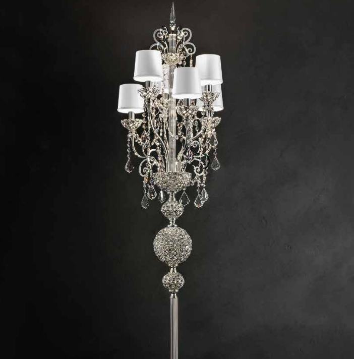 Ornate classic silver-or gold plated Italian floor lamp with shades and Swarovski crystals