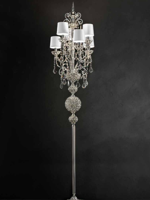 Ornate classic silver-or gold plated Italian floor lamp with shades and Swarovski crystals