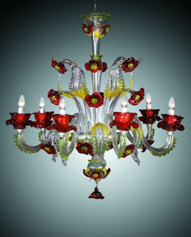 Murano glass chandelier with red and yellow flowers