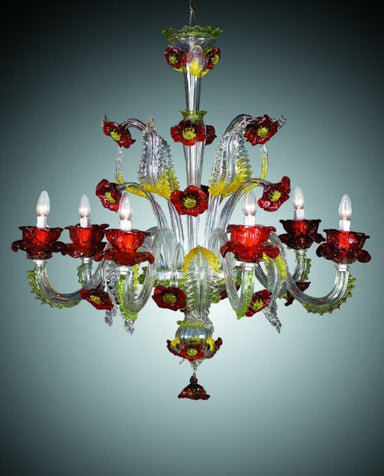 Murano Glass Chandelier With Red And Yellow Flowers