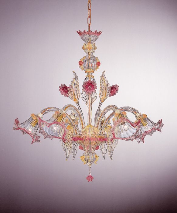 Murano Chandelier with pink roses and 24 carat gold