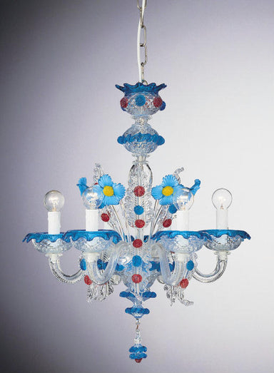 Red, yellow and blue Murano glass 6 light flower chandelier