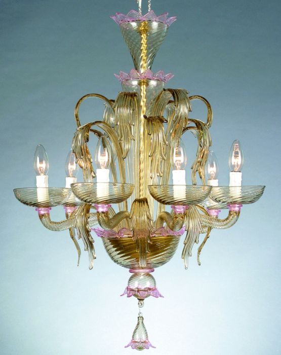 Murano glass chandelier with pink and smoked glass