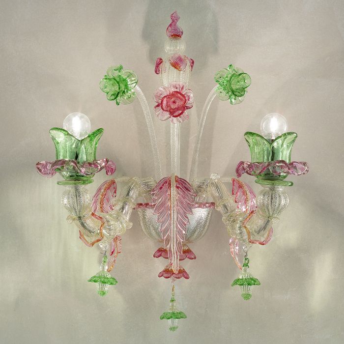Silver, pink & green Murano glass floral wall light