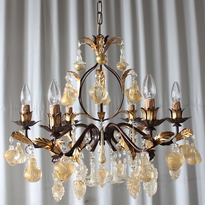 Brown metal chandelier with Murano crystal and gold glass fruits