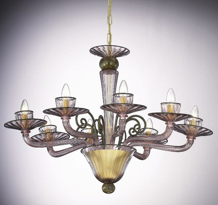 8 light amethyst and gold Murano glass chandelier