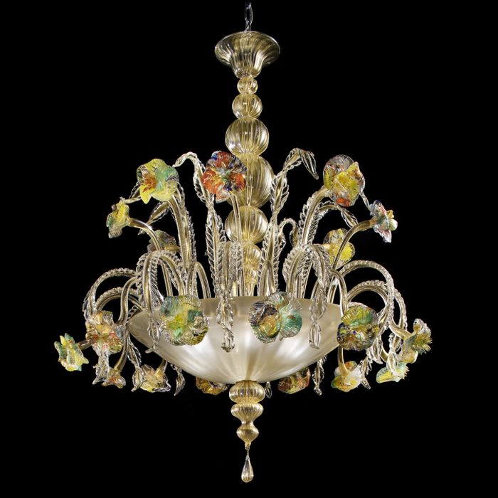 Gold, clear & multi-coloured Murano glass flower chandelier