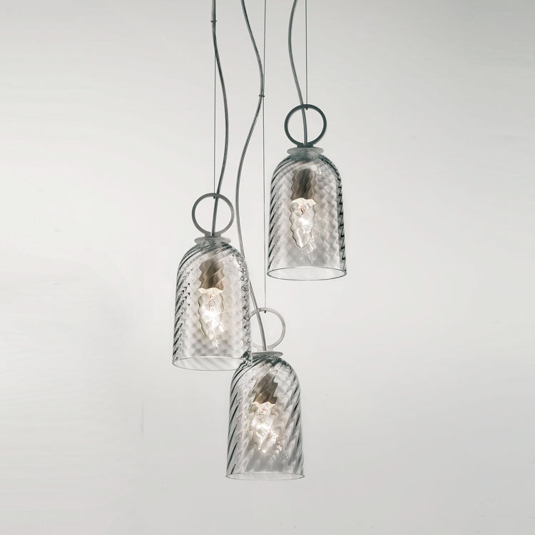 Modern triple cluster pendant light in clear or amber Murano glass