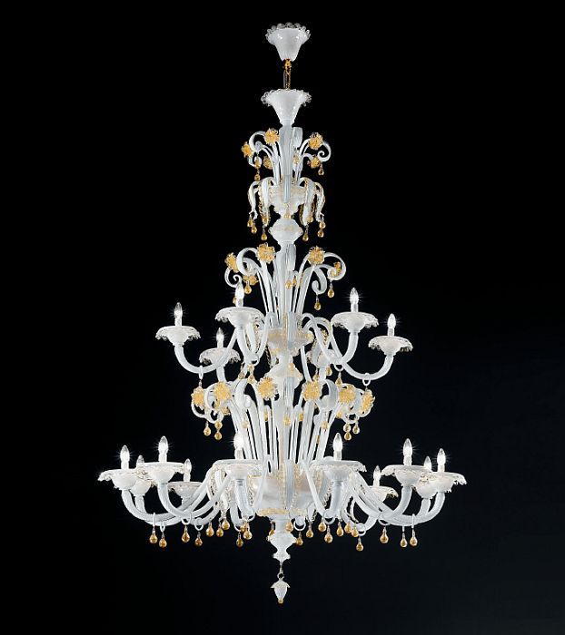 Milky white and gold Murano glass 18 light chandelier