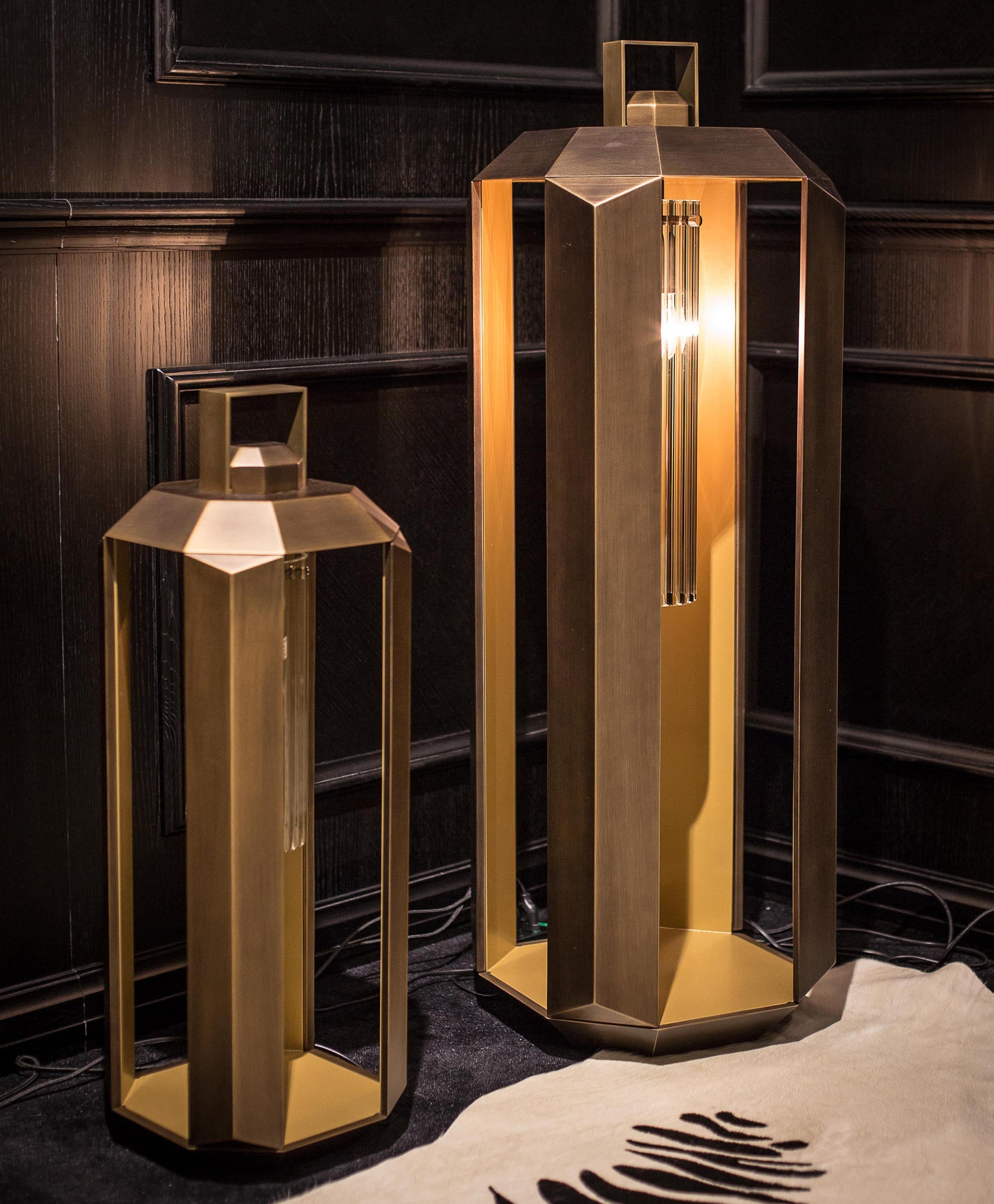 Bronze Metal Italian Floor Lantern With Gold Interior in 2 sizes