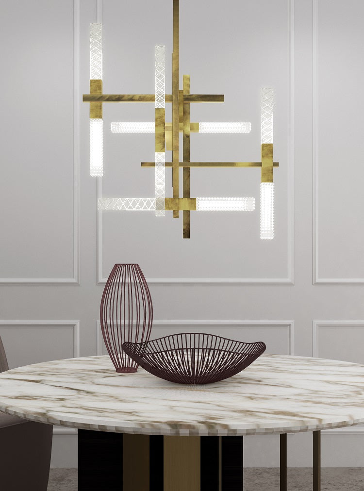Modern oriental style brass chandelier with Italian crystal diffusers