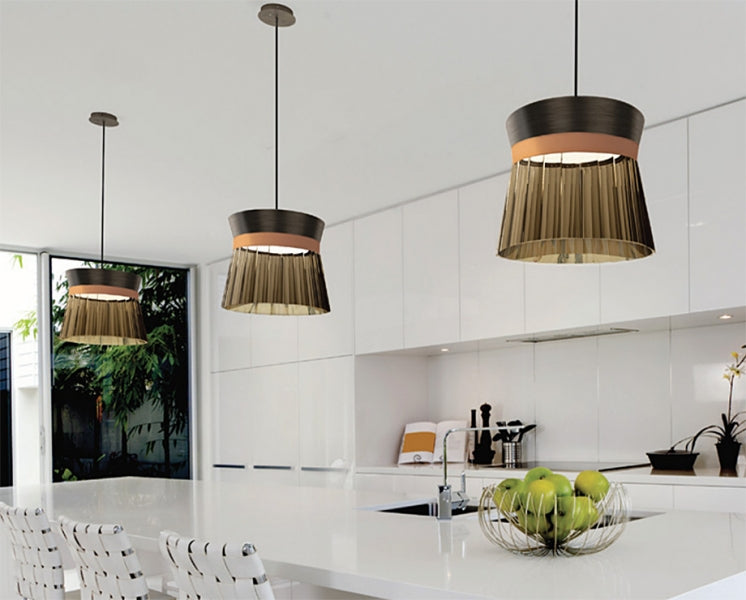 Nickel or bronze pleated glass pendant light in 2 sizes with coloured leather "belt"