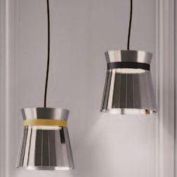 Nickel or bronze pleated glass pendant light in 2 sizes with coloured leather "belt"