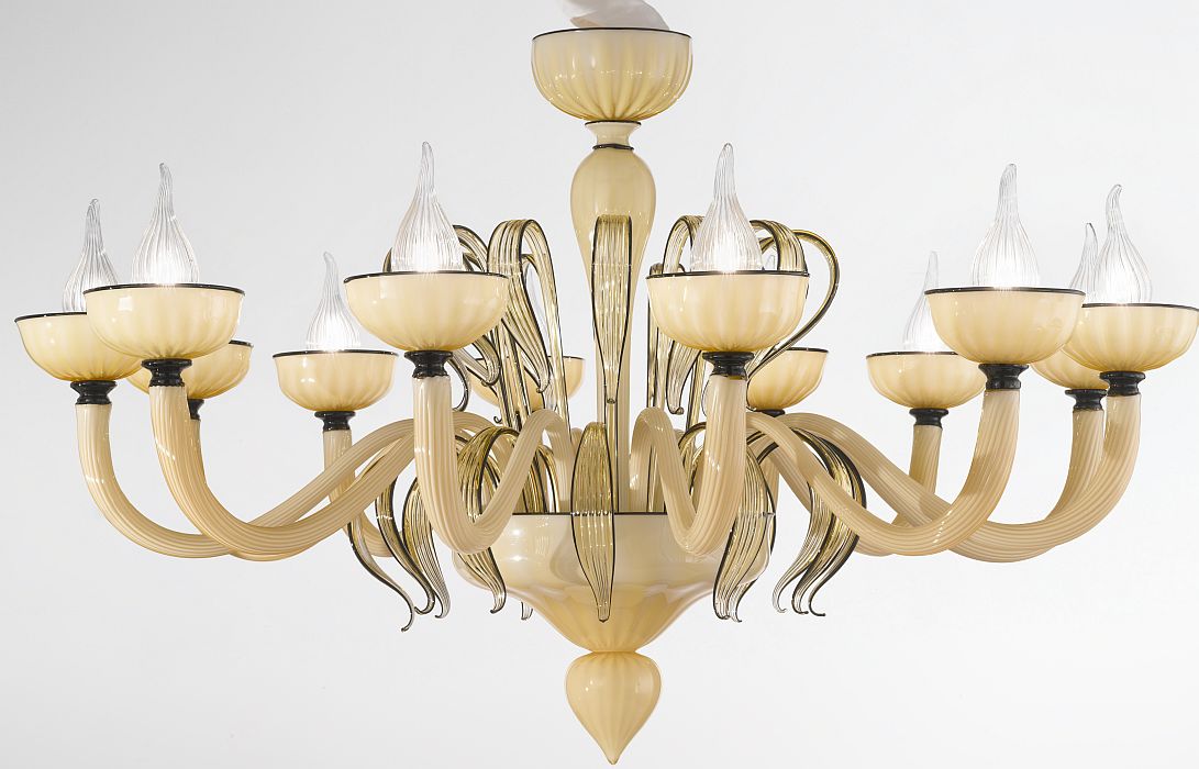 Champagne coloured 12 light Venetian glass chandelier